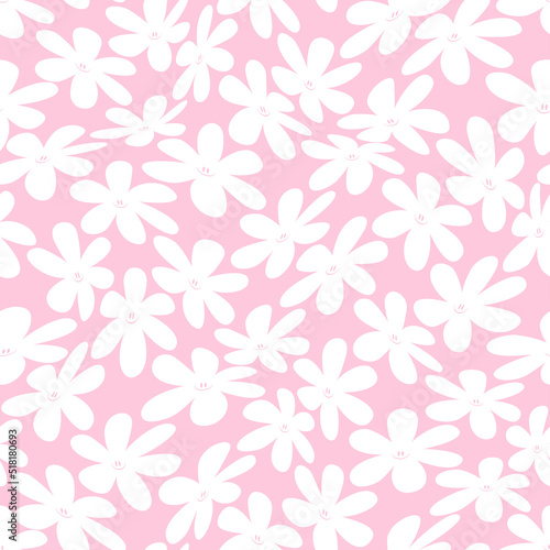Pink warped smiling daisy pattern. Vector seamless pattern
