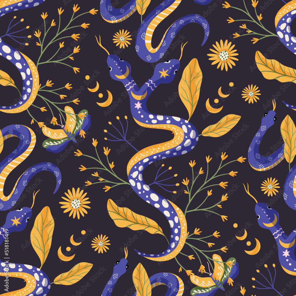Snake and floral leaves celestial seamless vector pattern. Night magic background