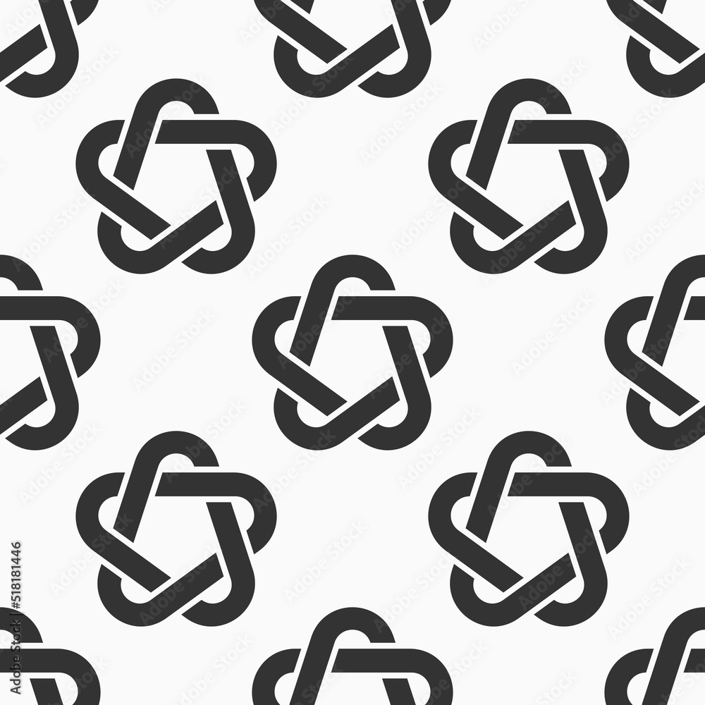 Vector geometric vector seamless pattern with five-pointed stars. Stars of intertwining stripes with rounded corners. Flat design style. Black star shapes, isolated on white background. Vector geometric vector seamless pattern with five-pointed stars. Stars of intertwining stripes with rounded corners. Flat design style. Black star shapes, isolated on white background.