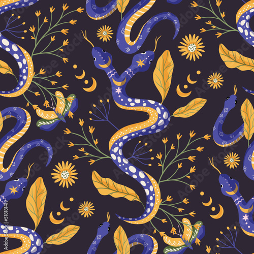 Snake and floral leaves celestial seamless vector pattern. Night magic background