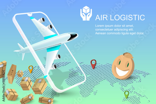 3D Vector illustration Online global transportation delivery service on mobile by airplane. Air freight logistics. Online order. airplane, aircraft, warehouse, cargo and parcel box. website, banner.