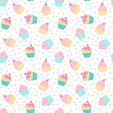 Seamless pattern with sweet colorful cupcakes. Design for prints, wrapping paper, gift bags, scrapbooking, textile, fabrics.