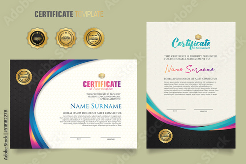 Luxury certificate template with dynamic and attractive colors on curved line shape ornament modern pattern, diploma. Vector illustrations