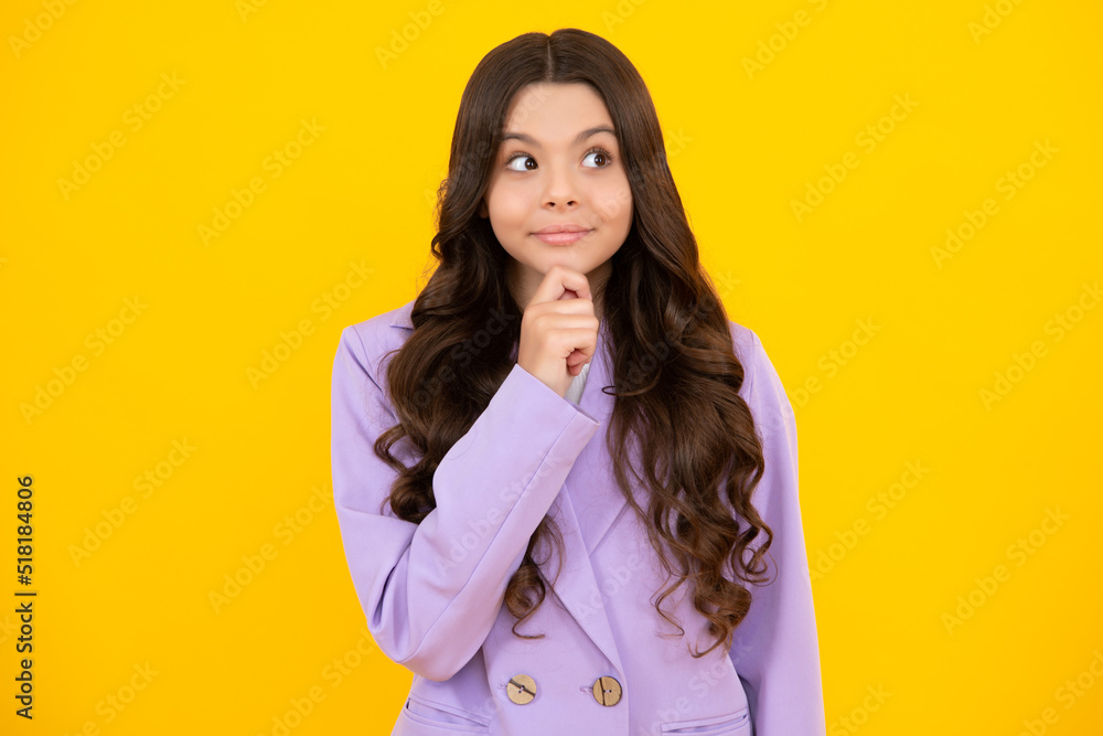Thoughtful teenager child thinking, pensive child making idea, posing isolated on yellow isolated background. Kid curious creative think about creating plan. Thinking pensive clever teenager girl. Thoughtful teenager child thinking, pensive child making idea, posing isolated on yellow isolated background. Kid curious creative think about creating plan. Thinking pensive clever teenager girl.