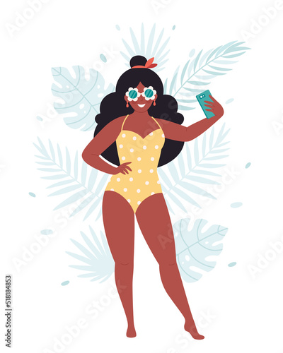 Black woman in retro glasses and swimsuit making selfie or recording video. Hello summer, summer vacation, summer fun. Hand drawn vector illustration