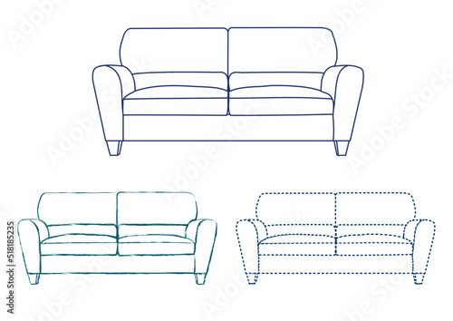 Drawing sketch, silhouette outline sofa, couch, couch, daybed, chaise longue, ottoman. Line style and brush strokes