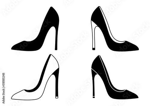 Set of outline black and white silhouette of women's shoes with heels, stilettos. Women's shoe model. Accessory.