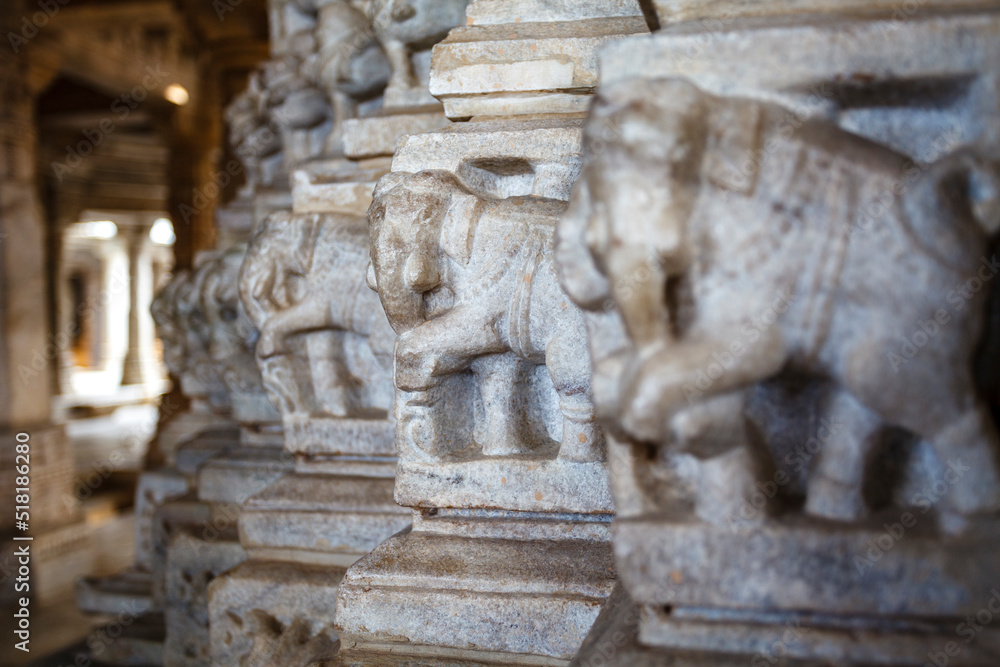 Carved elephants inside of the Adinatha Temple, a Jain temple in Ranakpur, Rajasthan, India, Asia