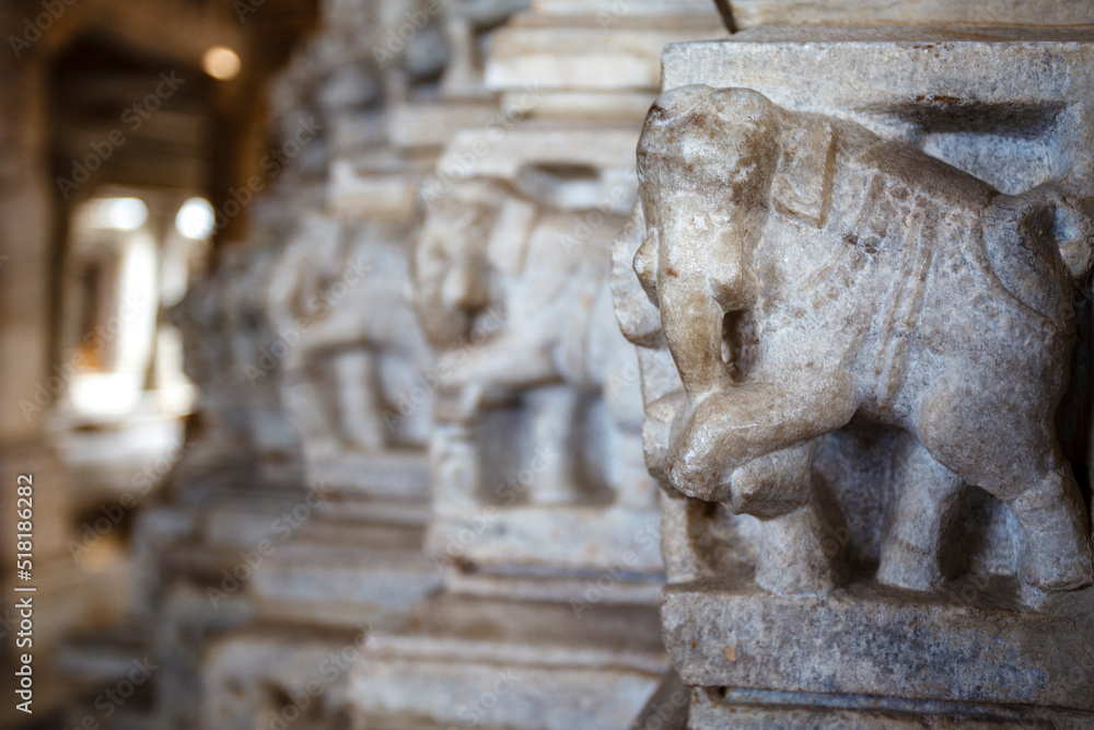 Carved elephants inside of the Adinatha Temple, a Jain temple in Ranakpur, Rajasthan, India, Asia