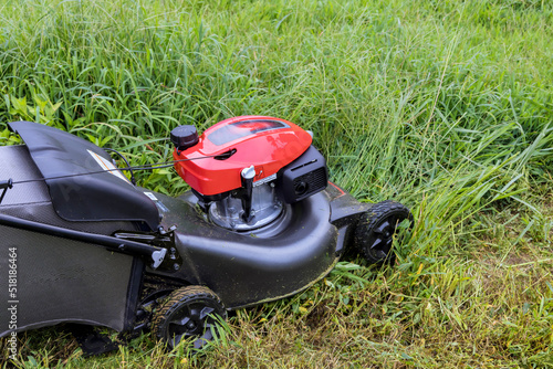 Green lawn with grass cutting, a garden care tool is seen in the working lawn mower of sunny day