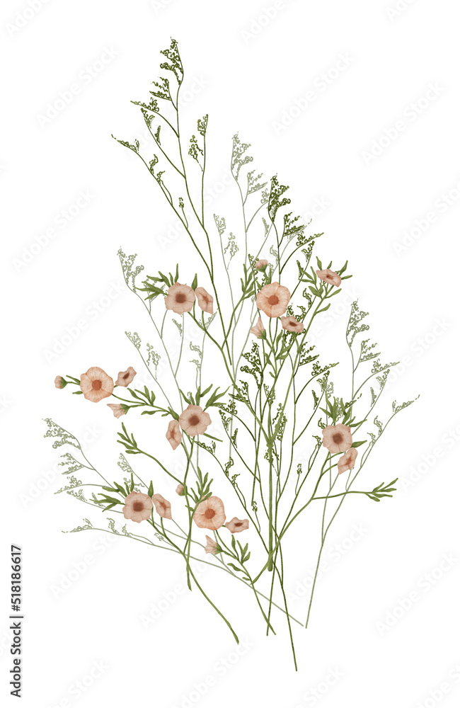Naklejka premium Watercolor wild flowers bouquet with greenery, perfect for rustic wedding invitation, baby shower, botanical blossom, dry flora