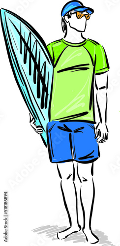 man guy surfer with surf board stand up vector illustration