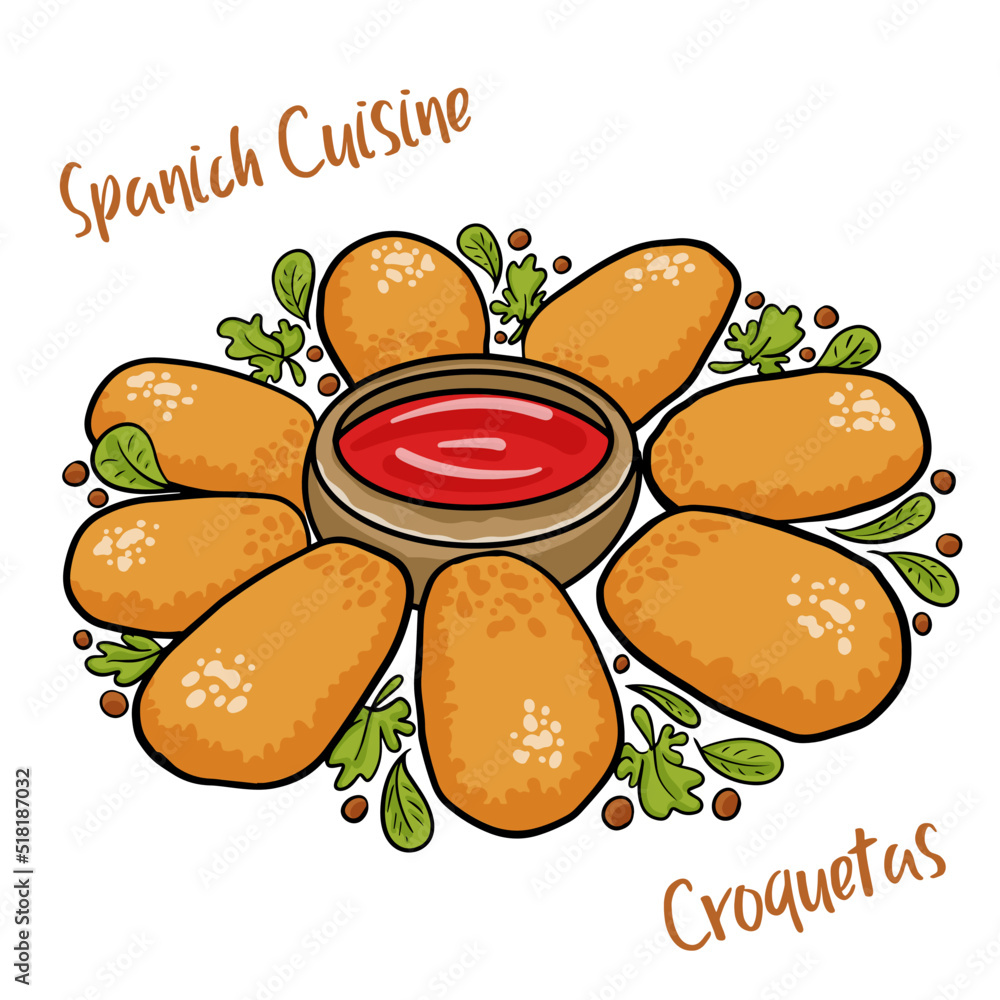Traditional fried Spanish croquetas (croquettes) with ketchup on white  background Stock Vector | Adobe Stock