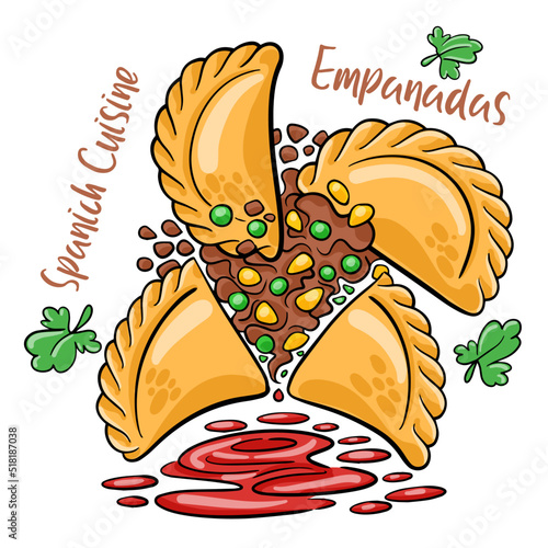 Meat roasted Typical Spanish empanadas. Vector illustration