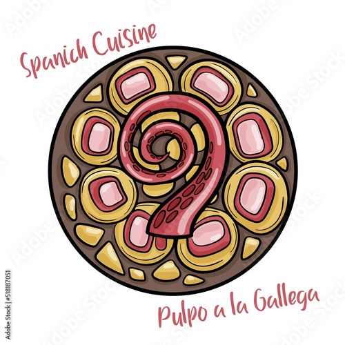 Pulpo a la gallega, traditional Galician dish of baked octopus with boiled potatoes and sweet paprika