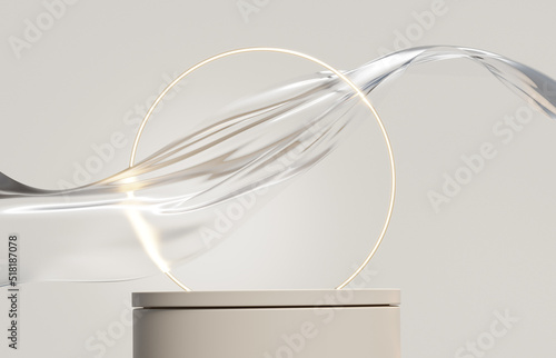 3D display podium beige background. Luxury flying transparent cloth in motion. Glamour minimal beauty pedestal , cosmetic product presentation. Neon light circle frame, empty mockup, studio 3d render