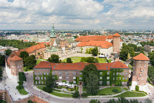 Aerial view of The Wawel Royal Castle, a castle residency located in central Krakow, Poland