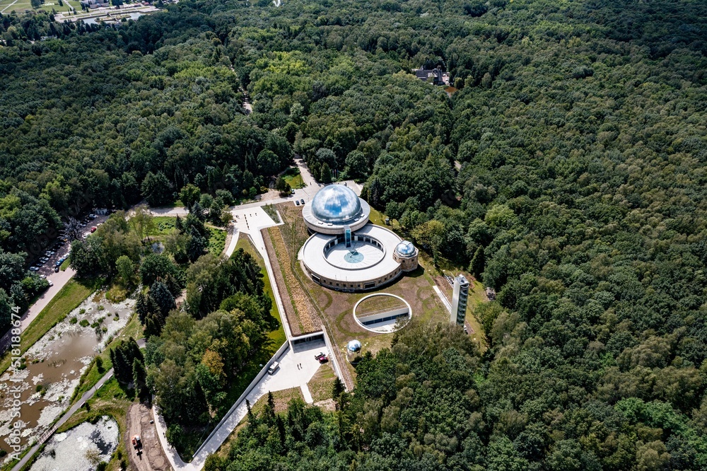 Obraz na płótnie Aerial drone on planetarium in Katowice, Silesia, Poland w salonie