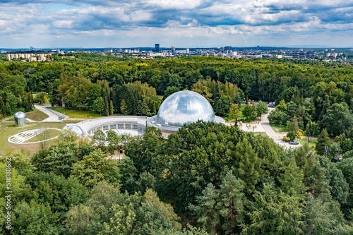 Aerial drone on planetarium in Katowice, Silesia, Poland