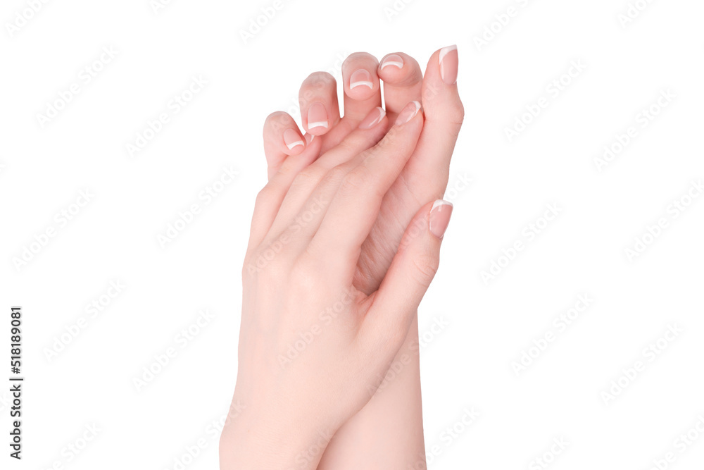 Woman hands with french manicure isolated on white bacckground. Woman hands with french manicure isolated on white bacckground.