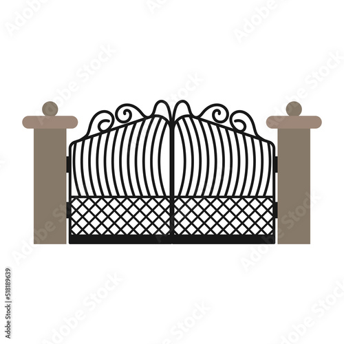 Gate with iron fence door and metal cartoon manor decoration. Front entrance from ironwork grid vector illustration. Old lattice wrought and classic frame ornament for park. Security steel structure