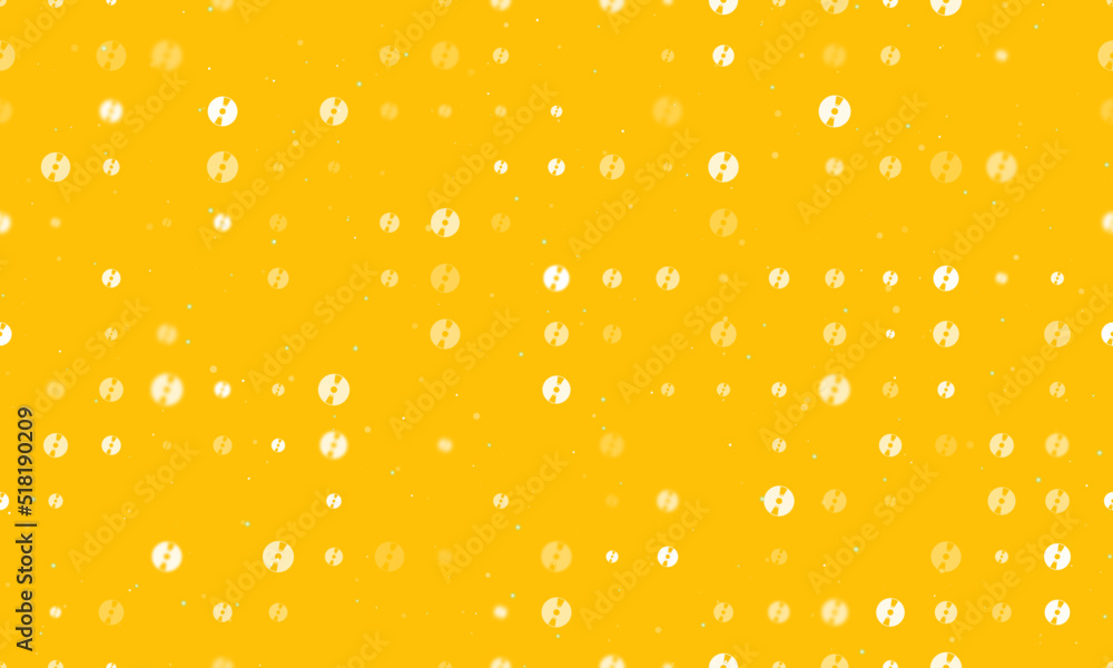 Seamless background pattern of evenly spaced white cd symbols of different sizes and opacity. Vector illustration on amber background with stars Seamless background pattern of evenly spaced white cd symbols of different sizes and opacity. Vector illustration on amber background with stars