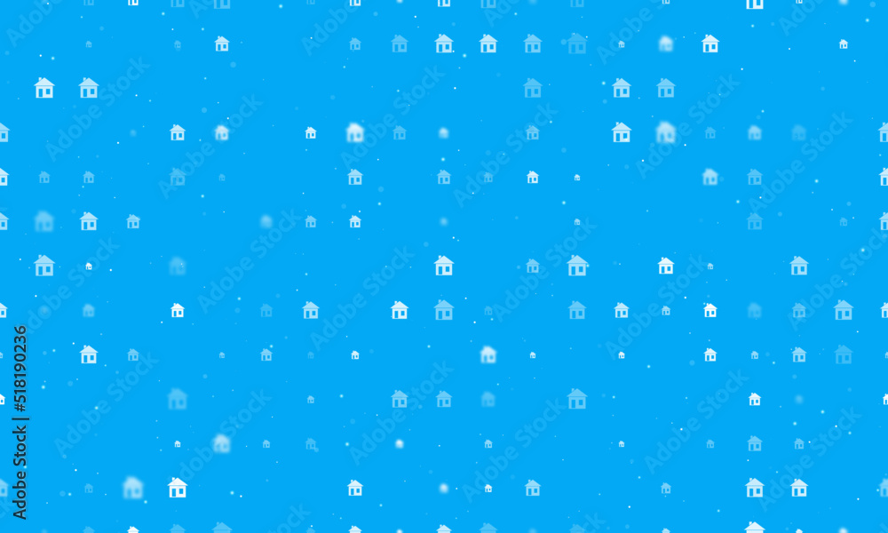 Seamless background pattern of evenly spaced white house symbols of different sizes and opacity. Vector illustration on light blue background with stars