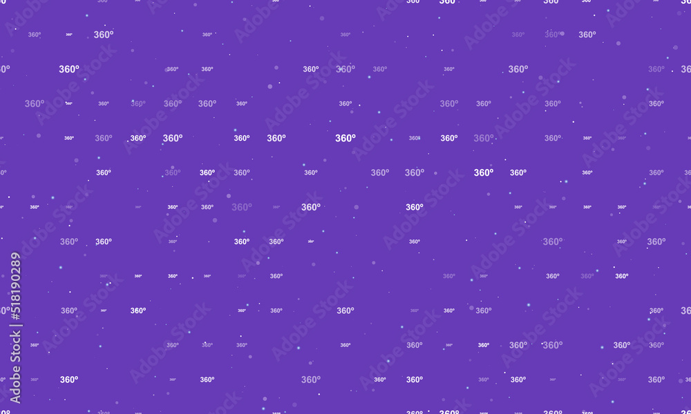 Seamless background pattern of evenly spaced white 360 degree symbols of different sizes and opacity. Vector illustration on deep purple background with stars