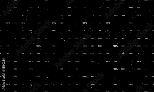 Seamless background pattern of evenly spaced white 100 percent symbols of different sizes and opacity. Vector illustration on black background with stars