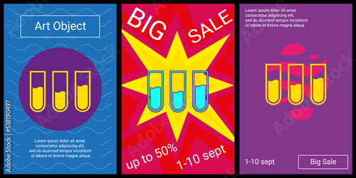 Trendy retro posters for organizing sales and other events. Large water game symbol in the center of each poster. Vector illustration on black background