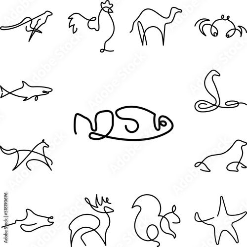 Fish one line icon in a collection with other items