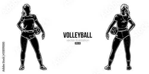 Abstract silhouette of a volleyball player on white background. Volleyball player woman hits the ball. Vector illustration
