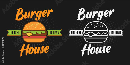 A set of logos for the best burger in town, colored and white. Emblem for hamburger shop signboard, menu design element. Vector illustration.