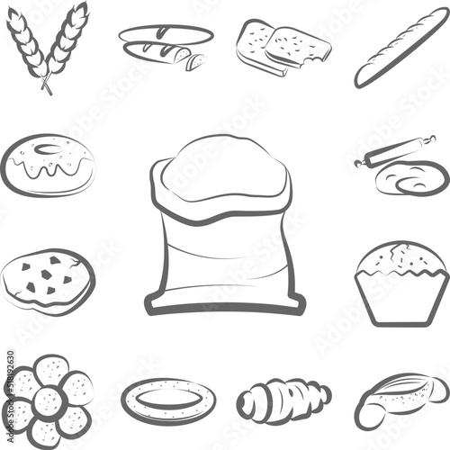 Flour, bread hand drawn icon in a collection with other items