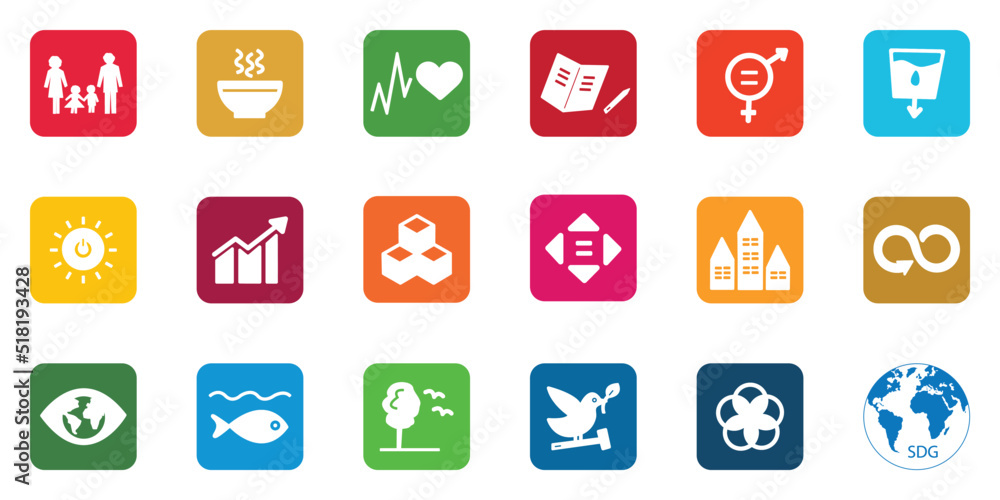 17 Sustainable Development Goals set by the United Nations General Assembly, Agenda 2030. Isolated icon set. Vector illustration EPS 10 17 Sustainable Development Goals set by the United Nations General Assembly, Agenda 2030. Isolated icon set. Vector illustration EPS 10