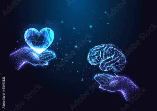 Emotional intelligence, empathy concept with hands holding brain and heart shape in glowing style 