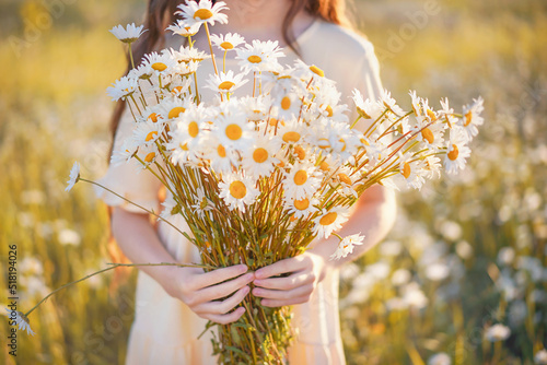 Sunny young girl holding bunch of chamomile on the field