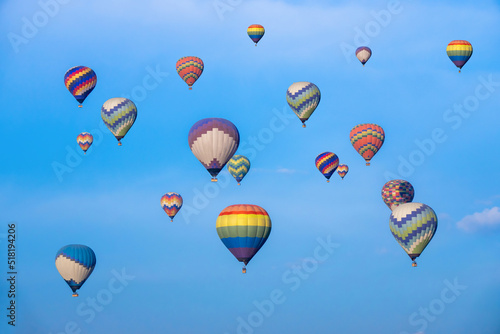 Isolated group of Colorful Hot Air Balloon Flying Over Ancient Pyramid of Teotihuacan, Mexico