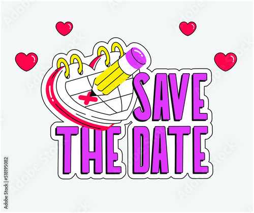 Flat Wedding Sticker. Save the Date. Hearts.