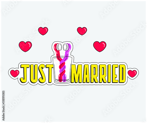 Flat Wedding Sticker. Just Married. Hearts.