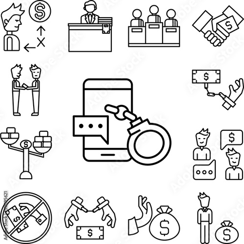 Bribe, mobile phone, clamp icon in a collection with other items