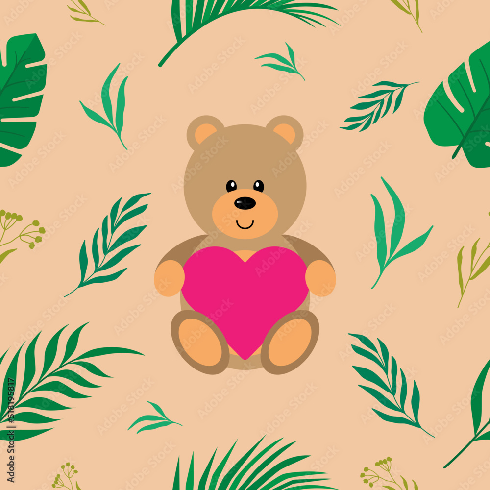 Seamless pattern vector illustration. Brown teddy bear with heart, love. Cute brown bear cartoon Seamless pattern vector illustration. Brown teddy bear with heart, love. Cute brown bear cartoon