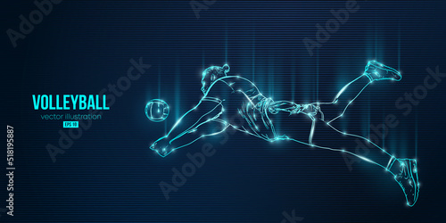 Abstract silhouette of a volleyball player on blue background. Volleyball player man hits the ball. Vector illustration