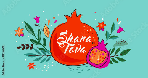 Rosh Hashanah design template with hand drawn pomegranates and flowers. Shana Tova Lettering. Translation from Hebrew - Happy New Year 