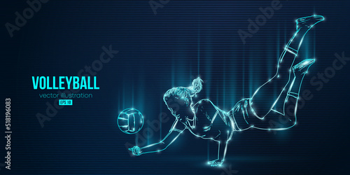 Abstract silhouette of a volleyball player on blue background. Volleyball player woman hits the ball. Vector illustration