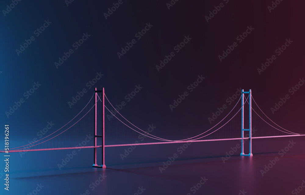 Bridge on a dark background. Model of a suspension bridge on a dark background. 3D render, 3D illustration.