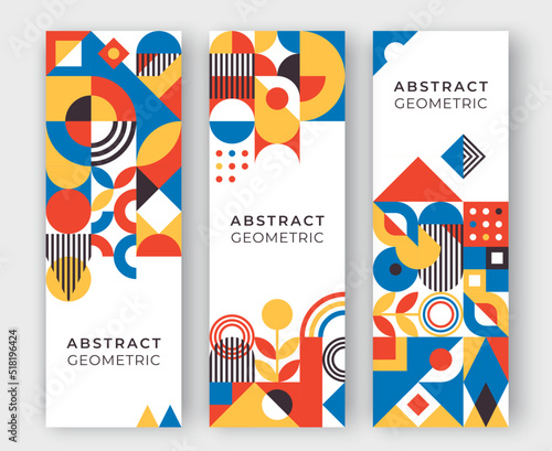 Bauhaus inspired three vertical banners with square figures, shadows and text. Minimal modern abstract brochure