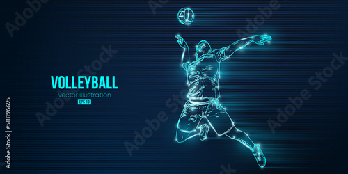 Abstract silhouette of a volleyball player on blue background. Volleyball player man hits the ball. Vector illustration