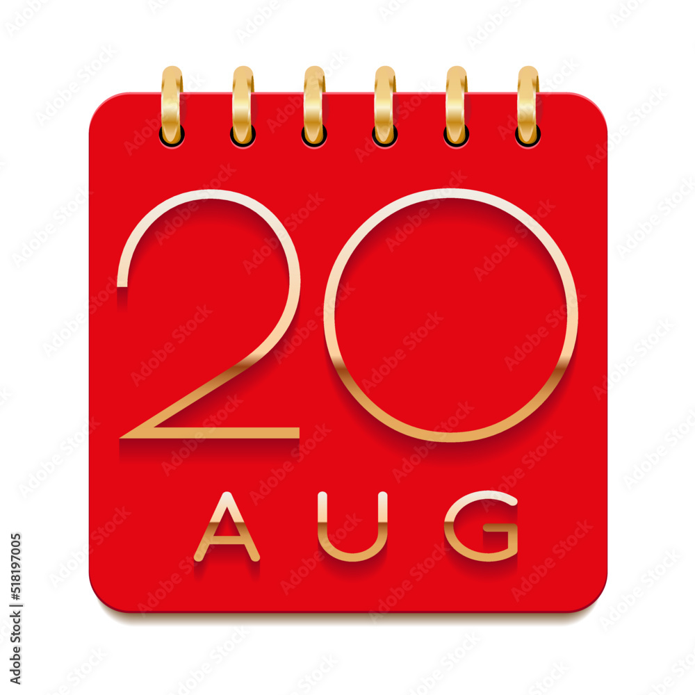 20 day of the month. August. Luxury calendar daily icon. Date day week Sunday, Monday, Tuesday, Wednesday, Thursday, Friday, Saturday. Gold text. Red paper. Vector illustration. 20 day of the month. August. Luxury calendar daily icon. Date day week Sunday, Monday, Tuesday, Wednesday, Thursday, Friday, Saturday. Gold text. Red paper. Vector illustration.