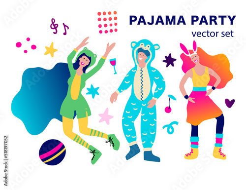 80's style funky girl and puppy dog home pajama party clip art vector collection